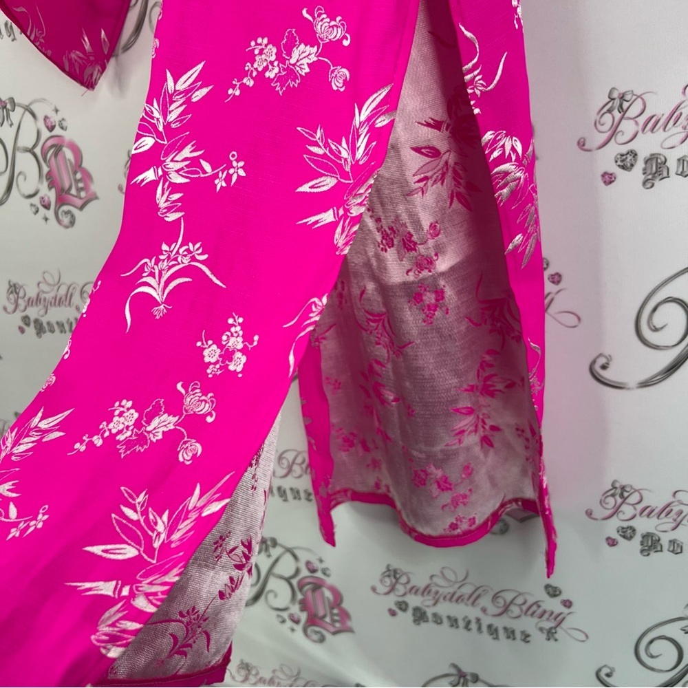 Dress 100% silk Japanese style wrap soft bright neon Pink Floral Kimono Robe - Picture 3 of 10